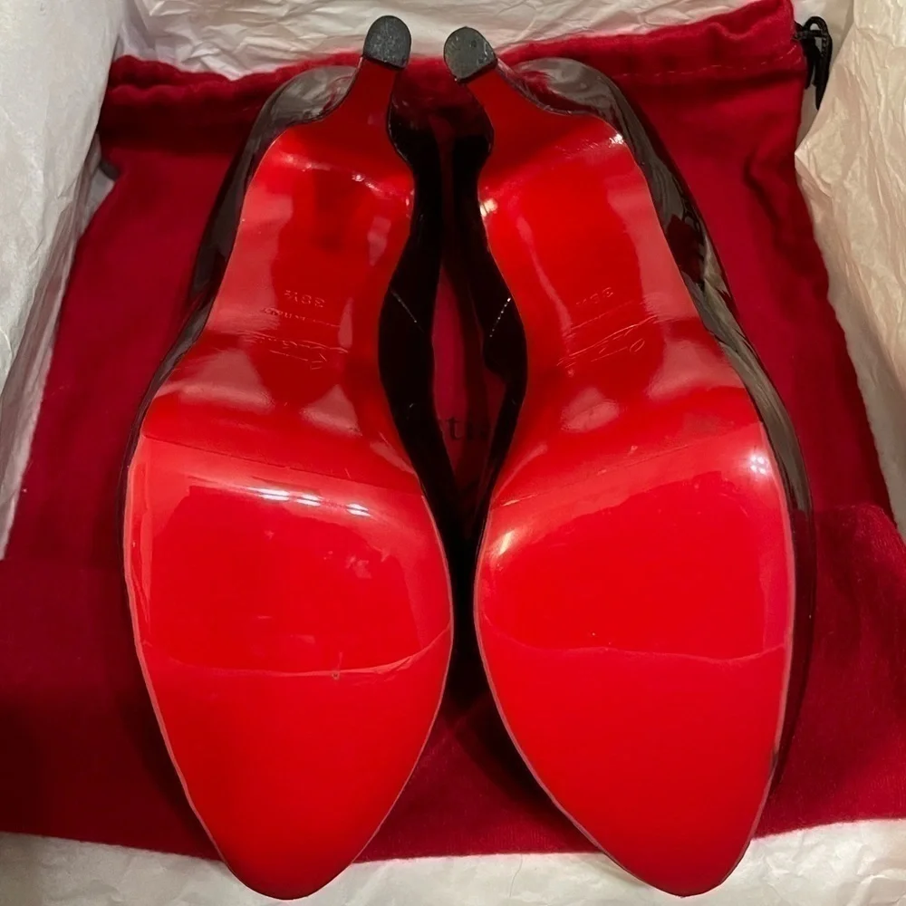 Christian Louboutin burgundy brown patent 150mm Lady Peep, peep toe pump…